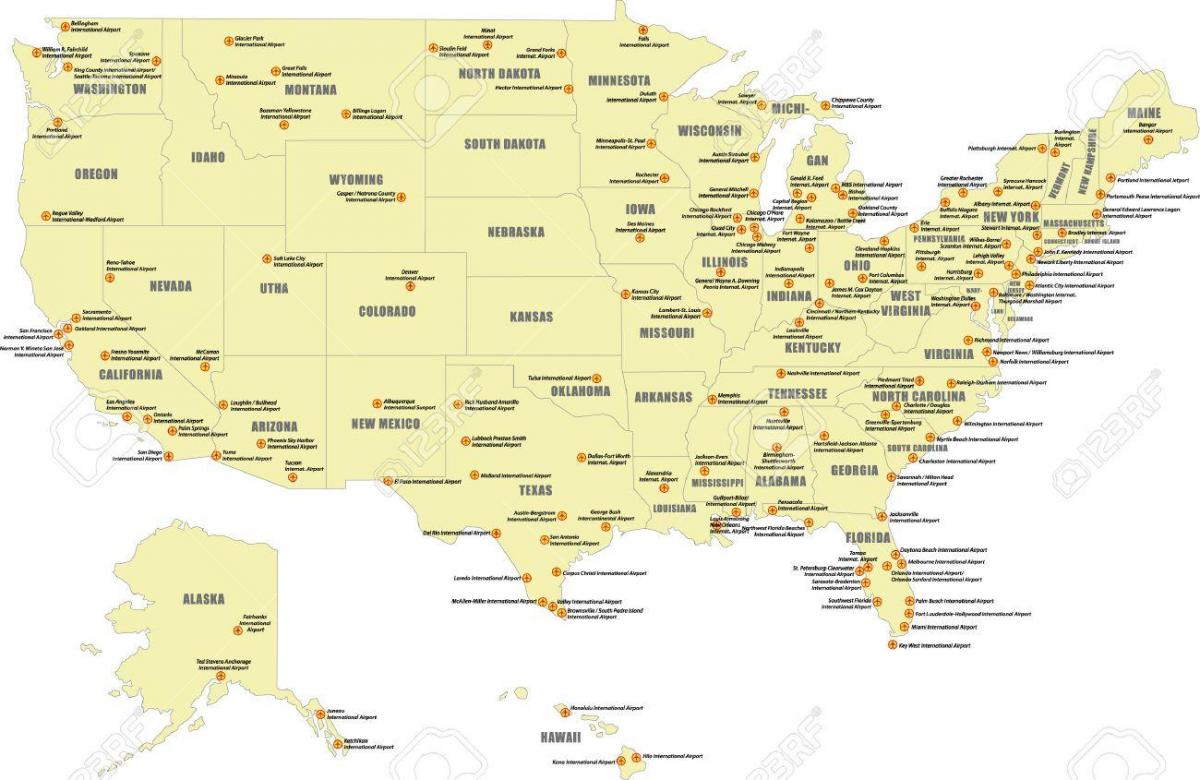 mapa hlavních letišť v USA