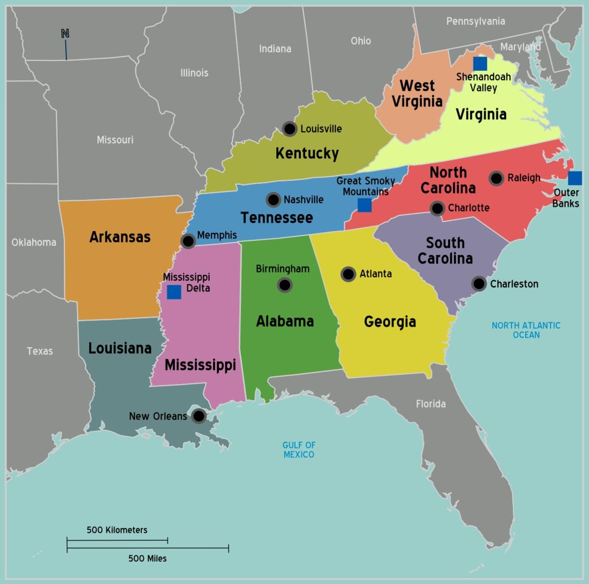 mapa jižní USA