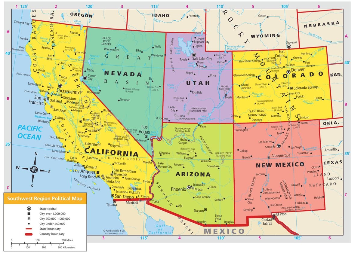 mapa jihozápadní USA