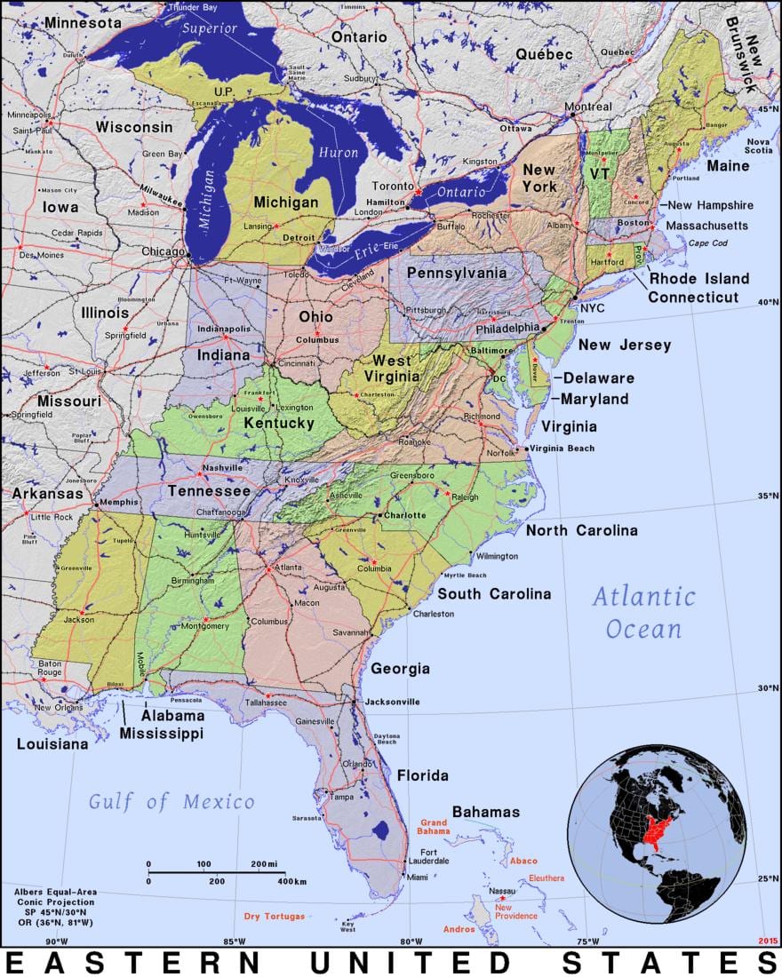 mapa východní USA