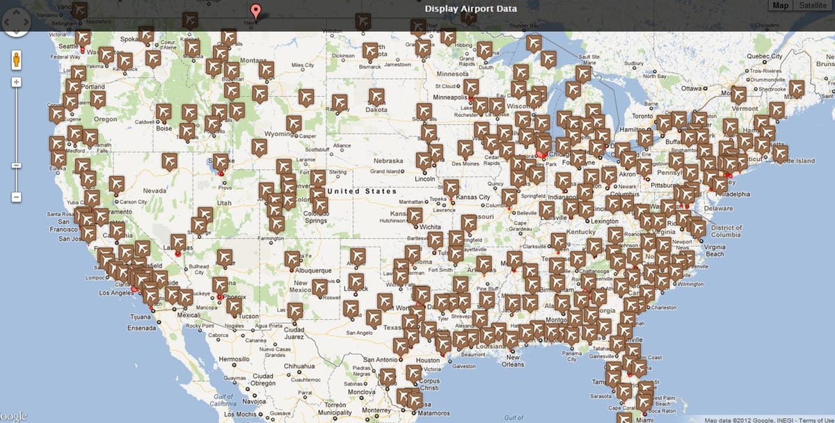 mapa letišť v USA