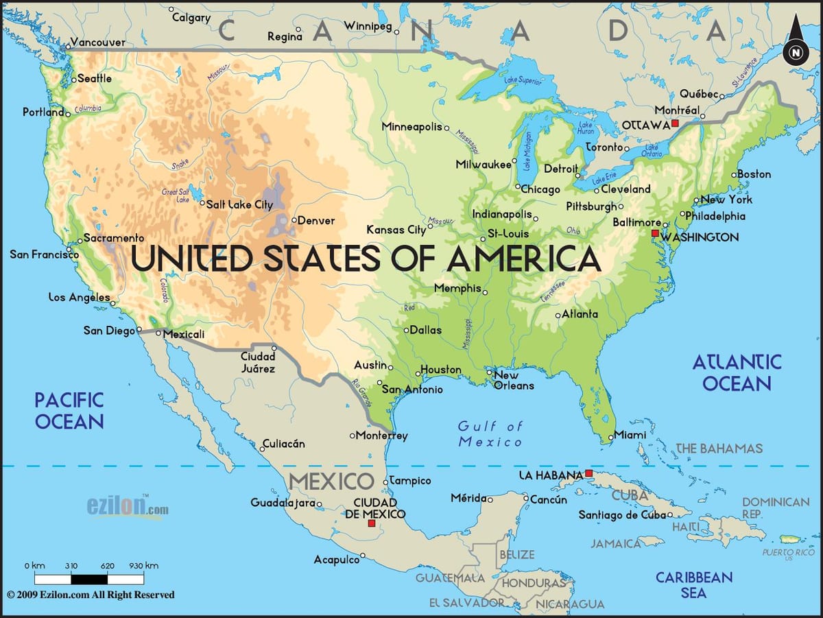 mapa USA s oceány
