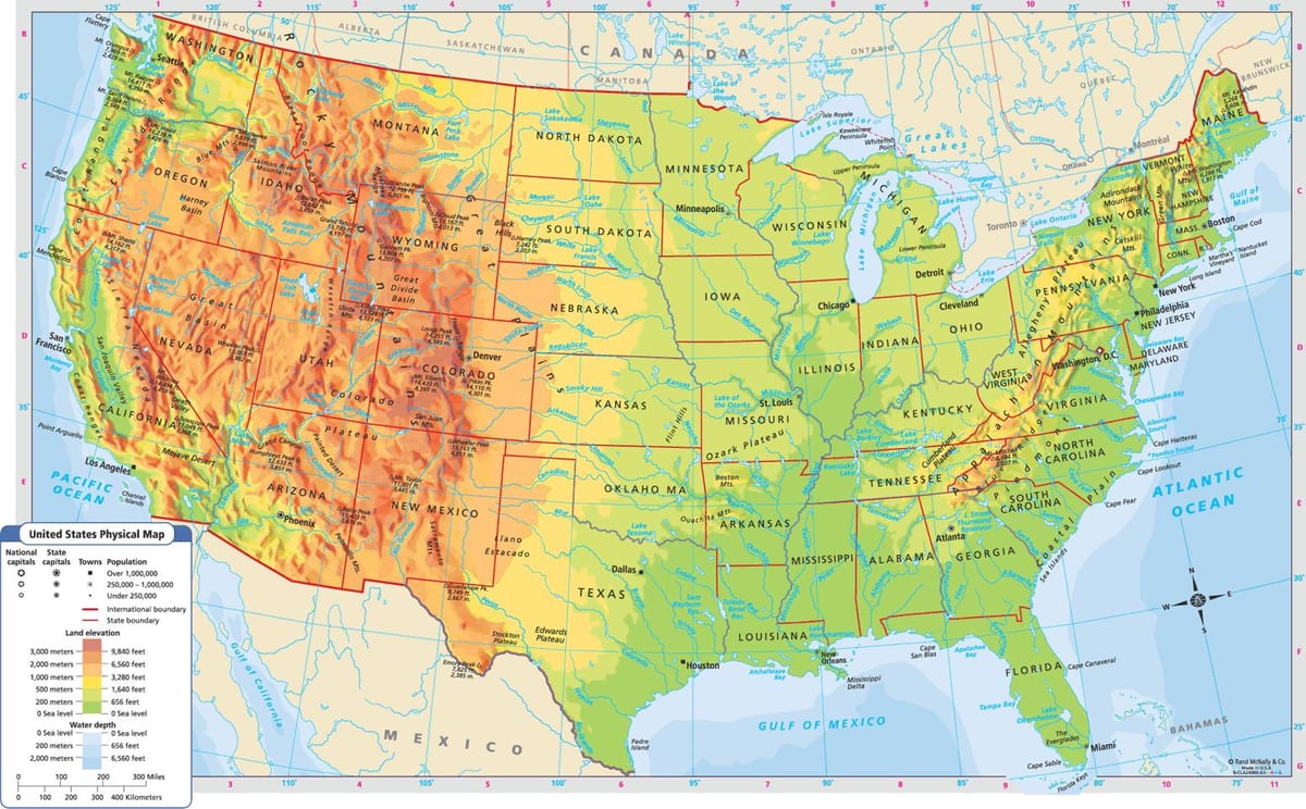 fyzická mapa USA
