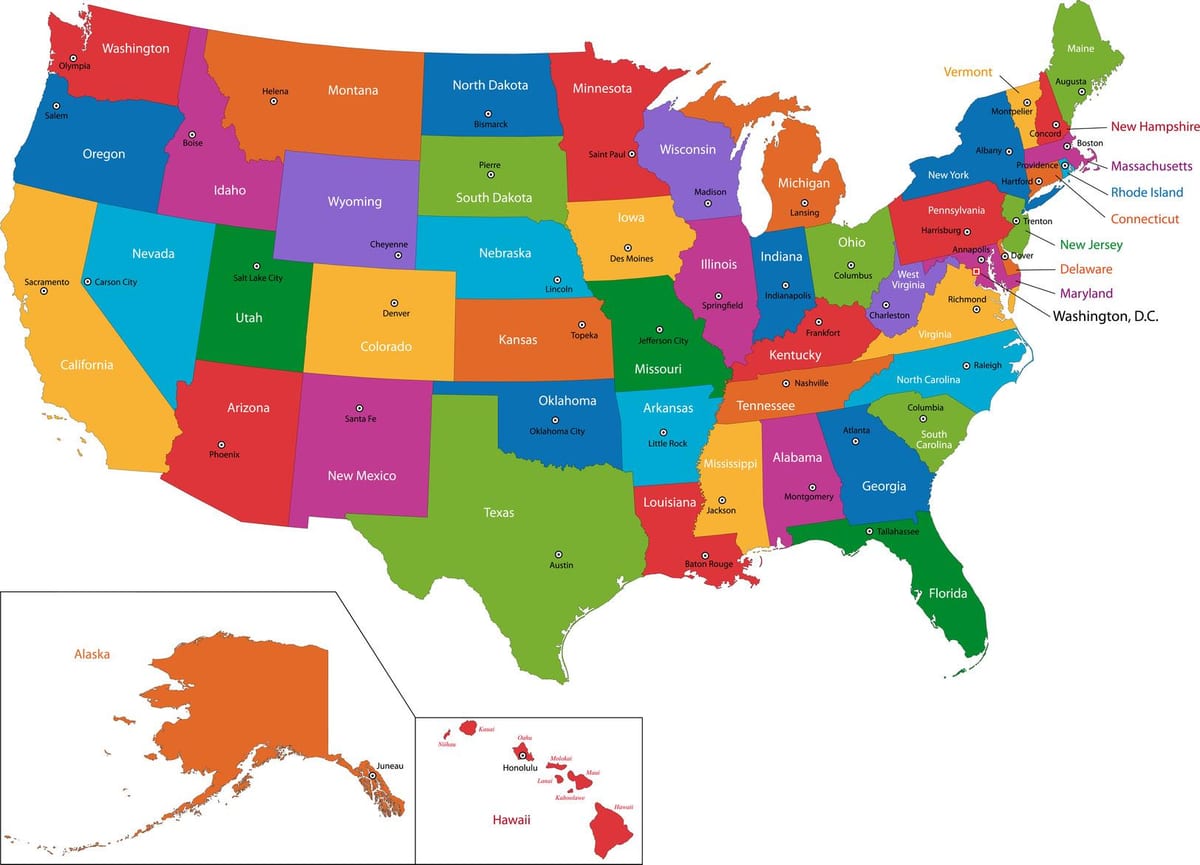 mapa USA se Státy a hlavní města