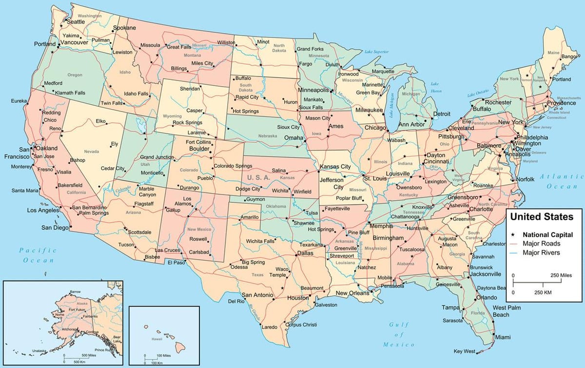 mapa USA se Státy a města