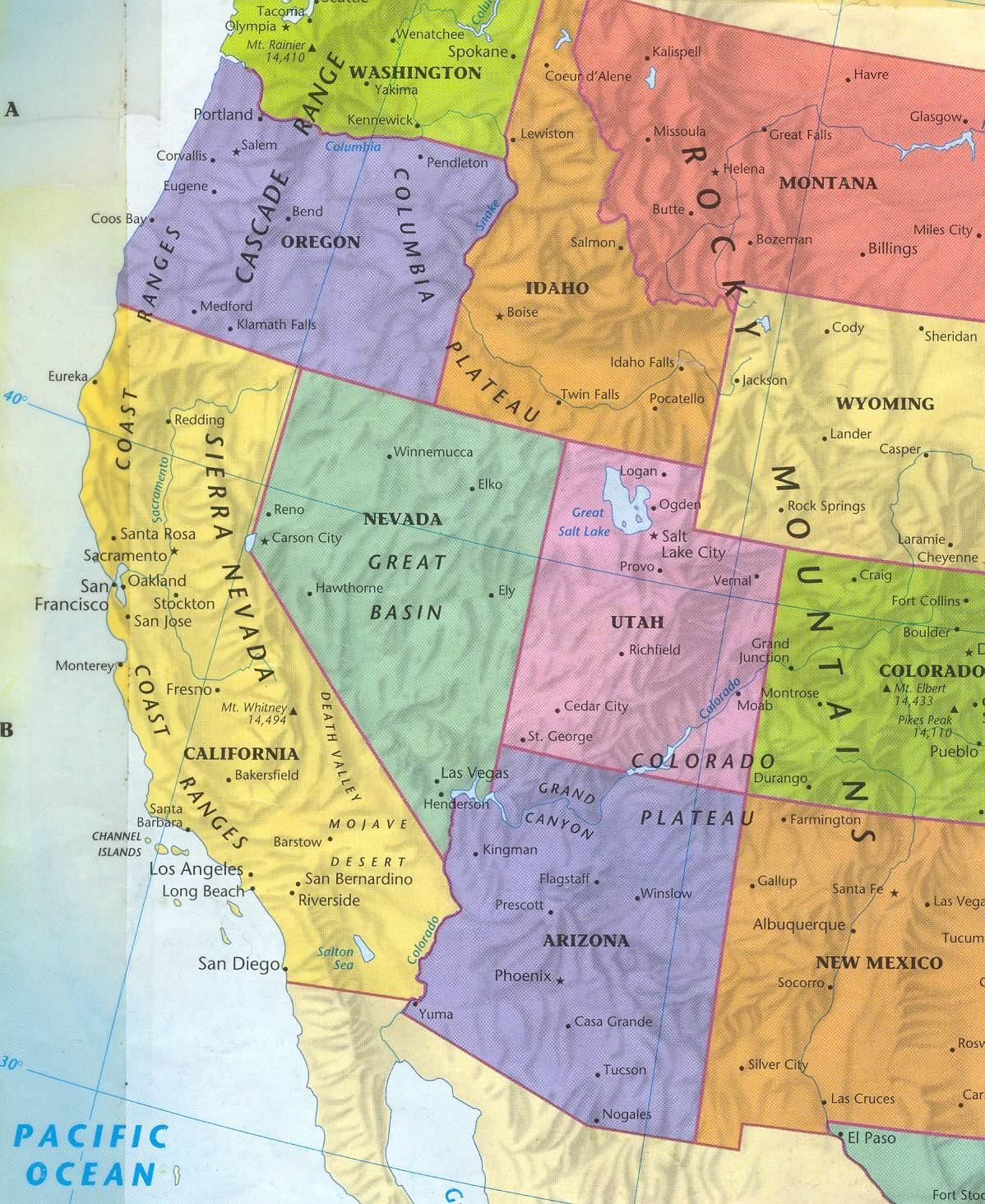 silniční mapa západní USA